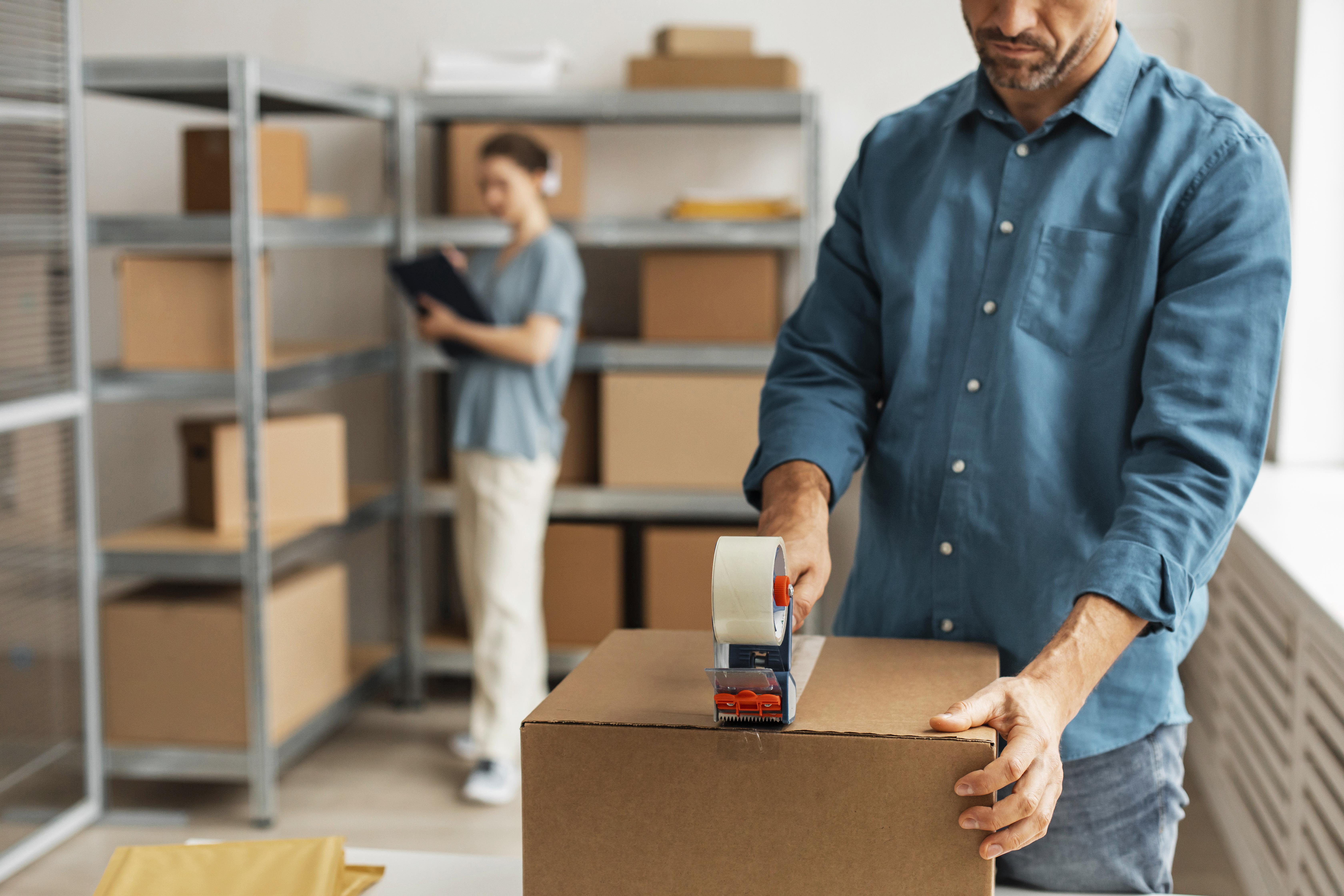 Professional packers carefully boxing household items